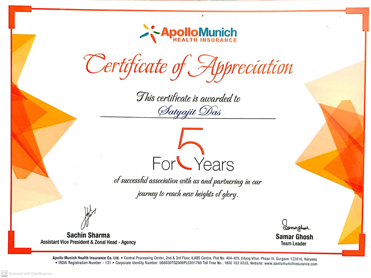 Certificate of Appreciation from Apollo Munich